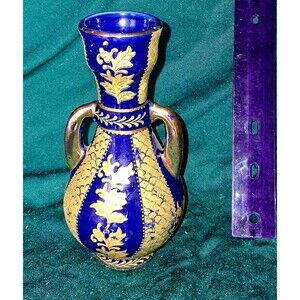 Vintage Satsuma Hand-Painted Vase With Gold Detailing & Dual Handles Blue & Gold